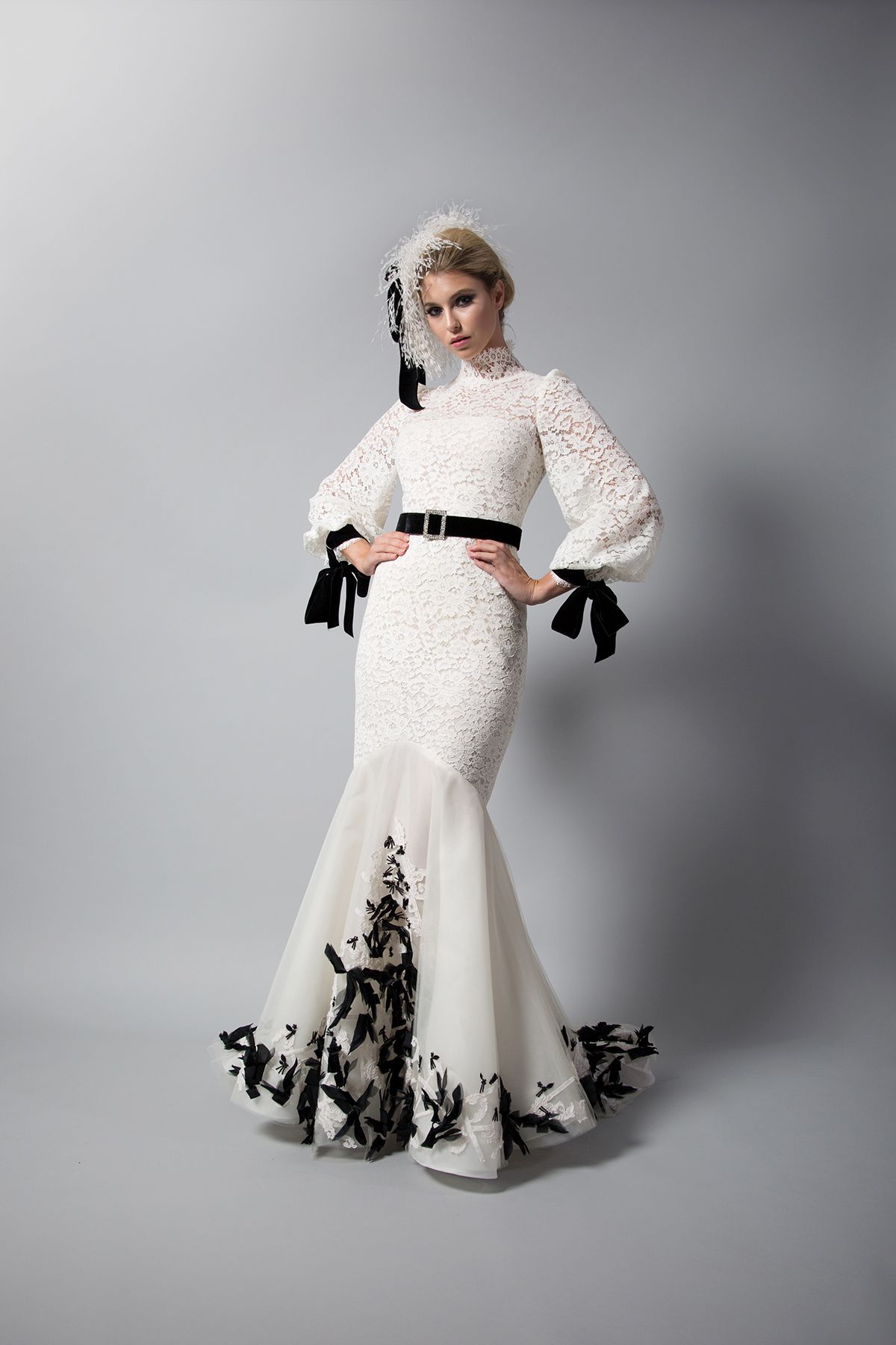 randi rahm black and white trumpet wedding dress with belt fall 2018