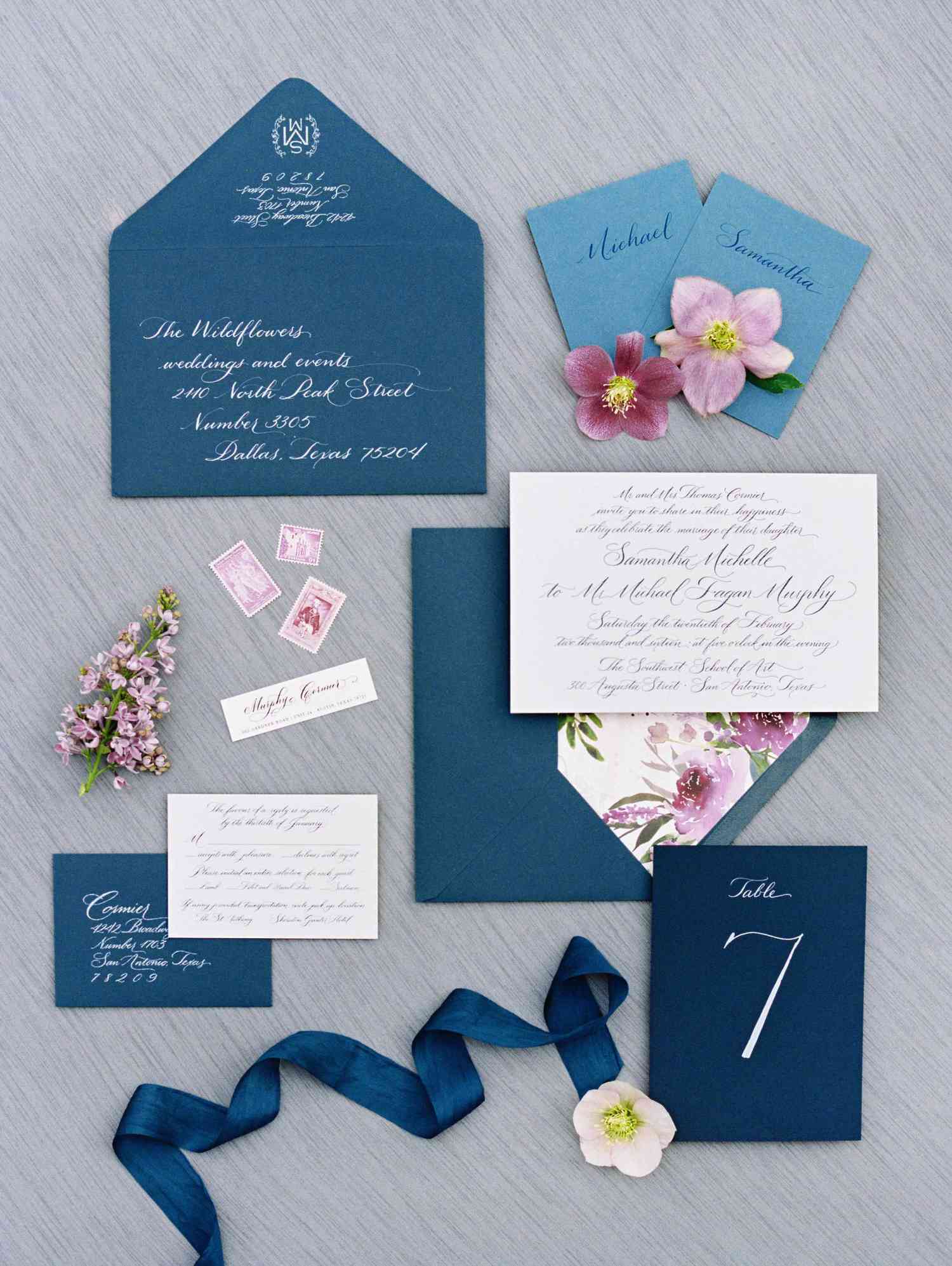 dark blue wedding stationery suite