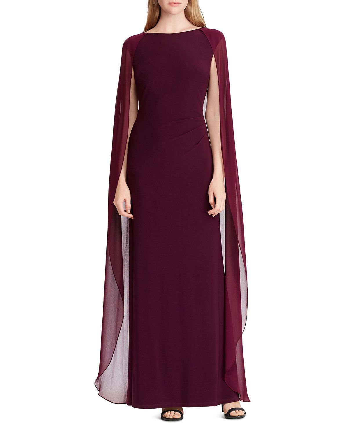 mother of the bride plum color dress cape overlay