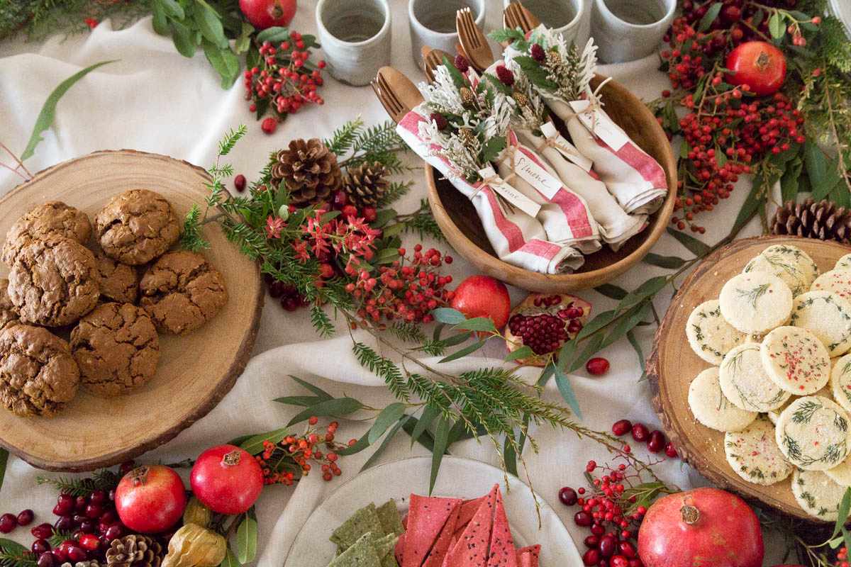 red and green winter holiday table details