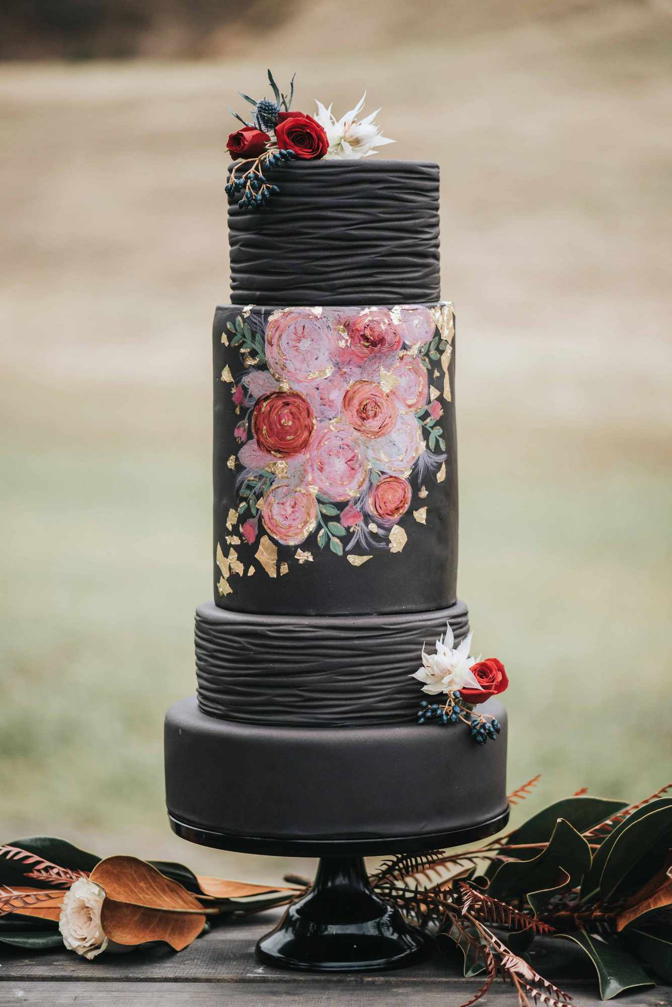 black floral painted cake
