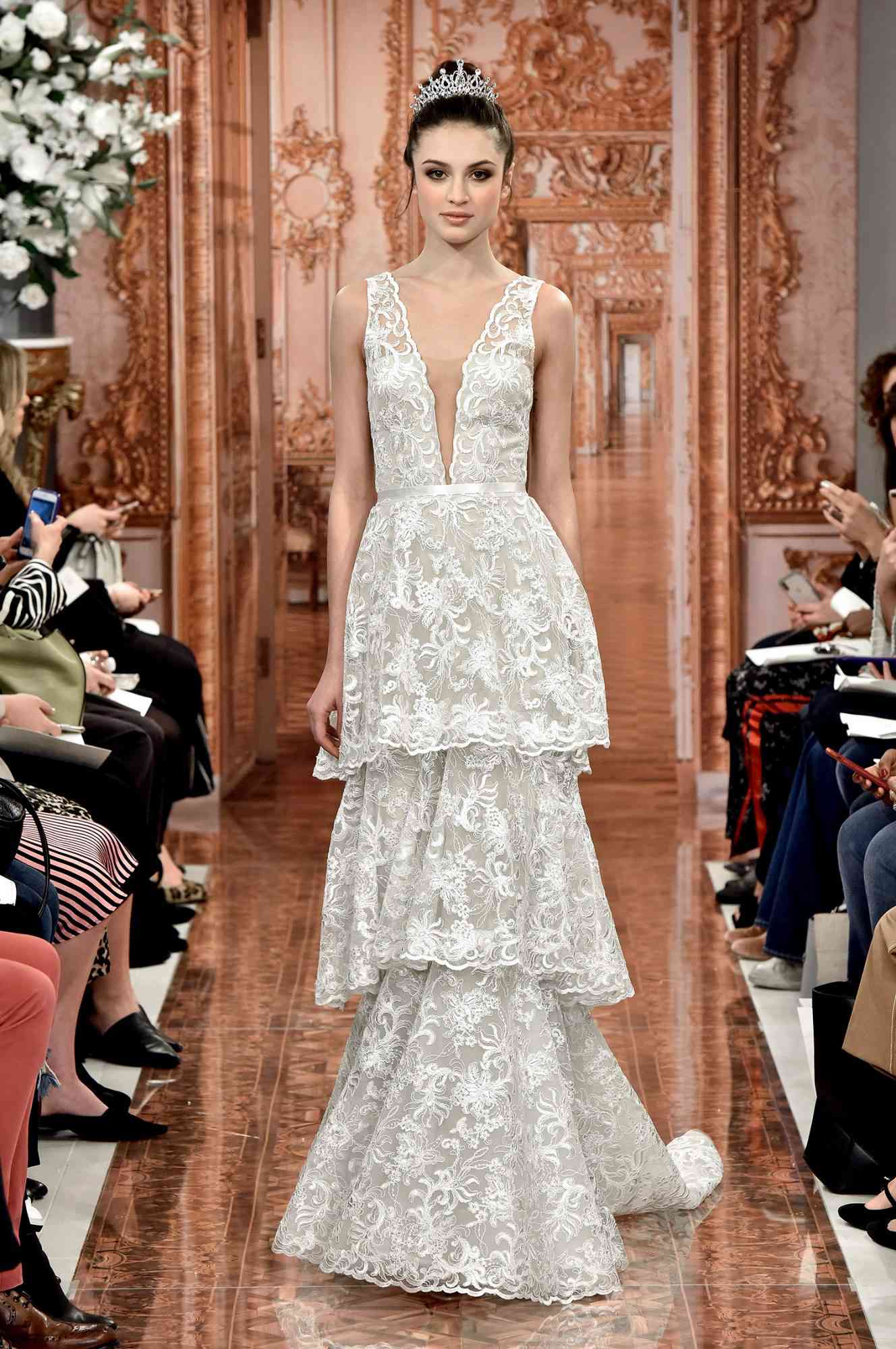 theia wedding dress spring 2019 plunging neck lace tiered