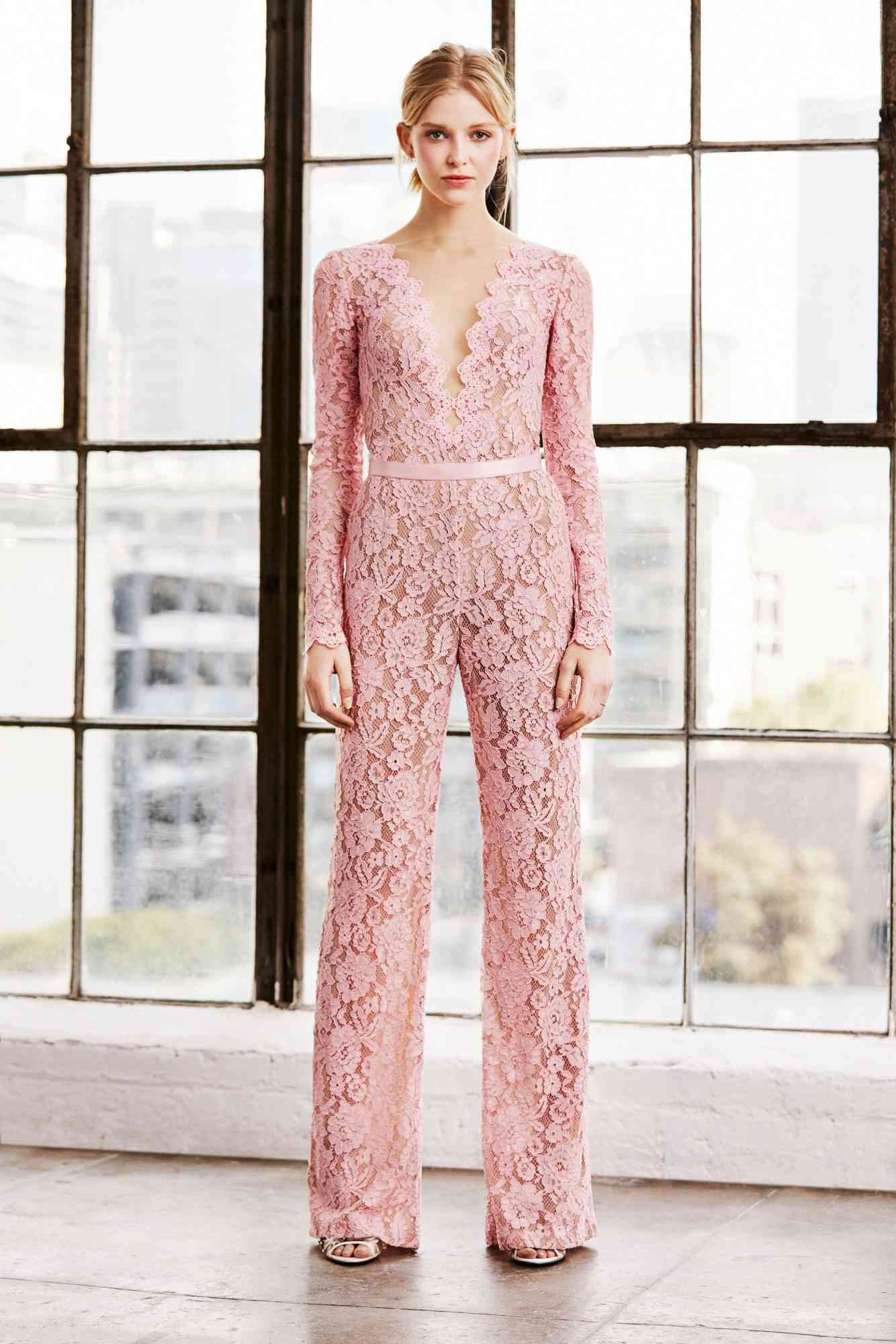 tadashi shoji wedding dress spring 2019 pink lace jumpsuit pants long sleeves