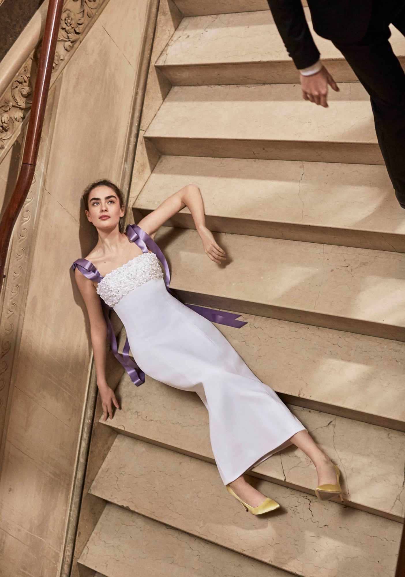 Carolina Herrera wedding dress spring 2019 sheath with purple ribbon straps