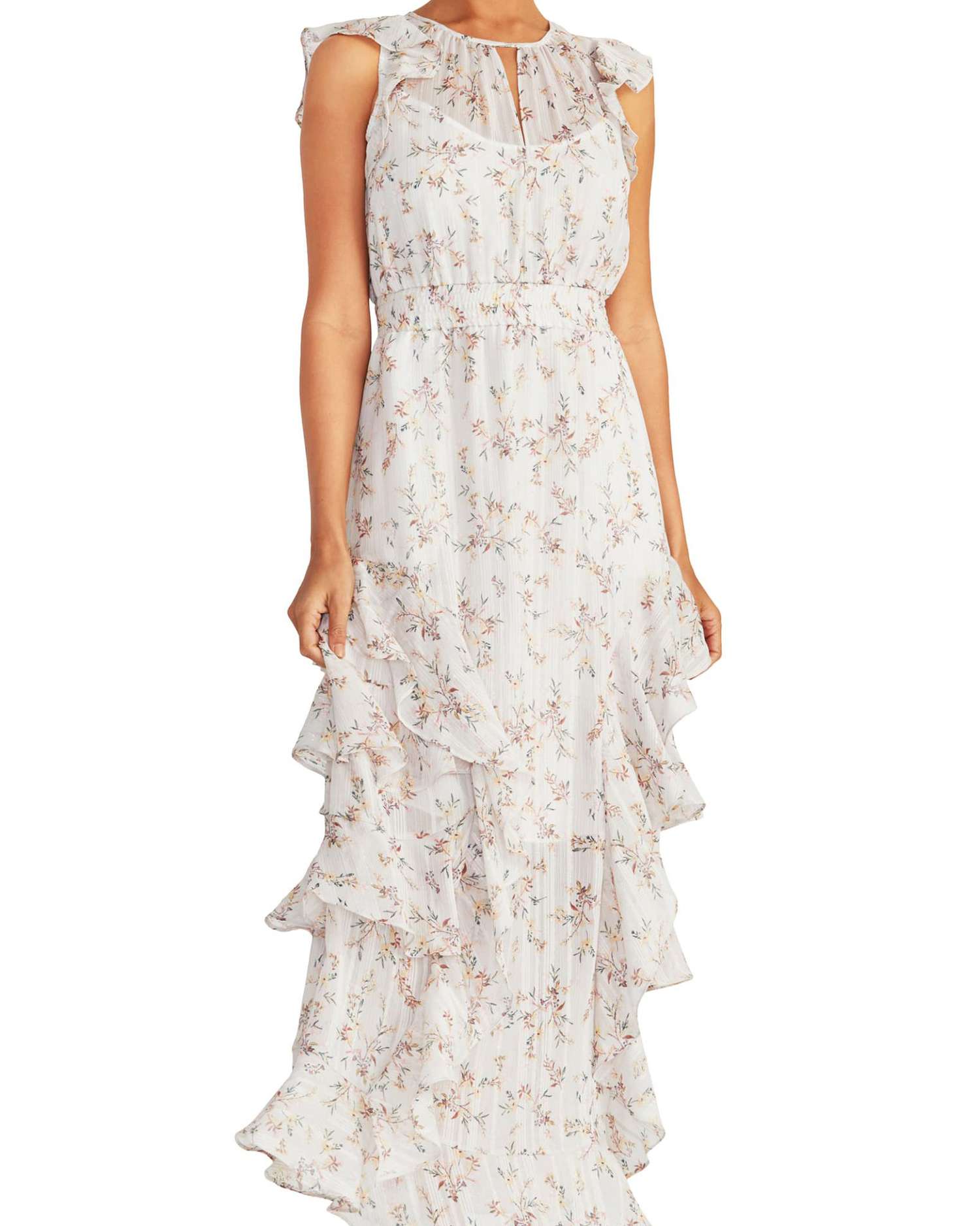 white tiered maxi printed mob dress