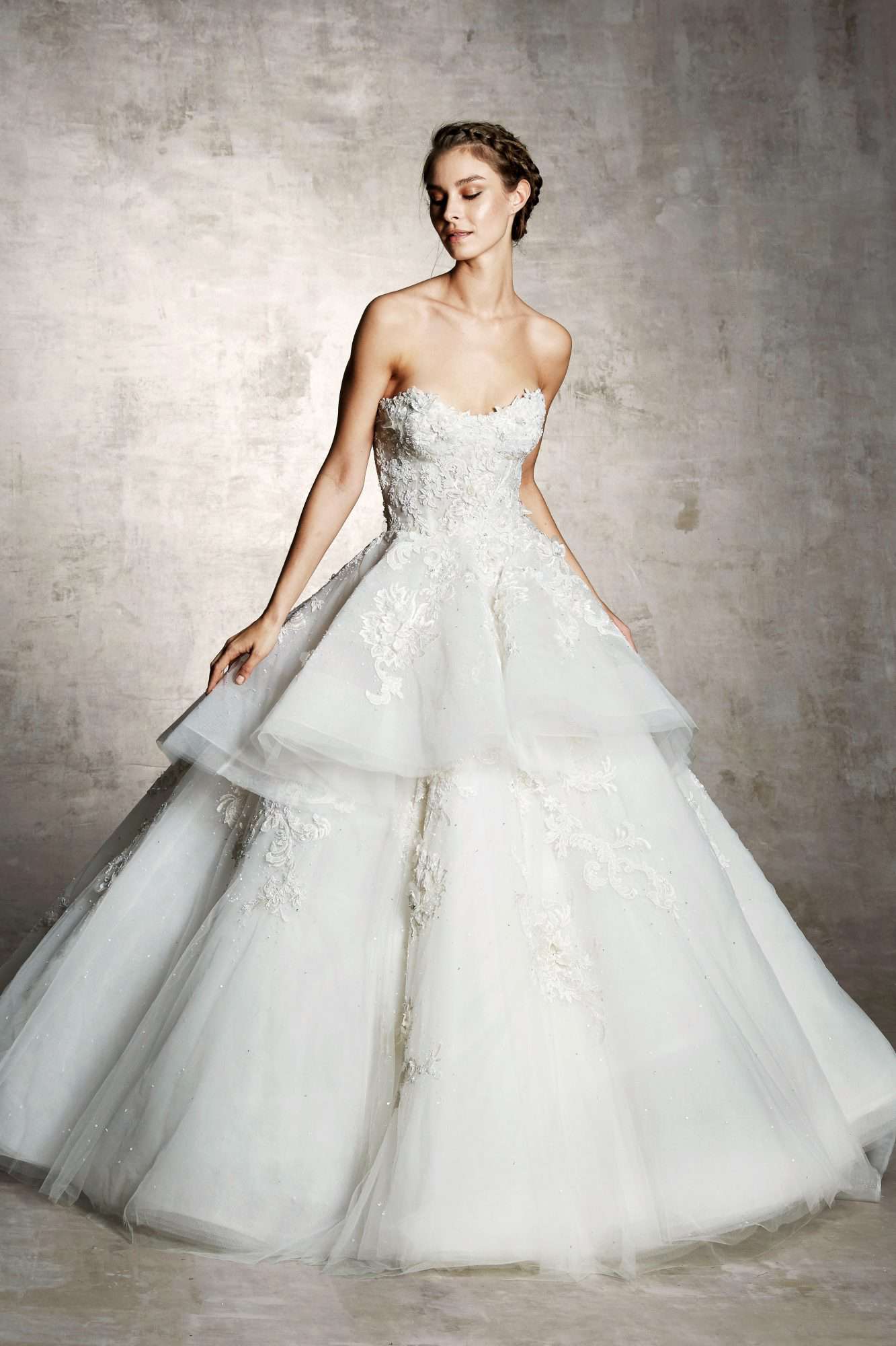 marchesa bridal wedding dress sweetheart layers floral embroidery