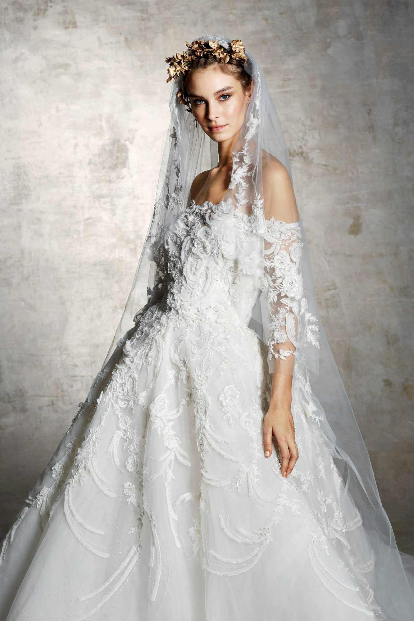 marchesa bridal wedding dress off the shoulder a-line floral embroidery veil
