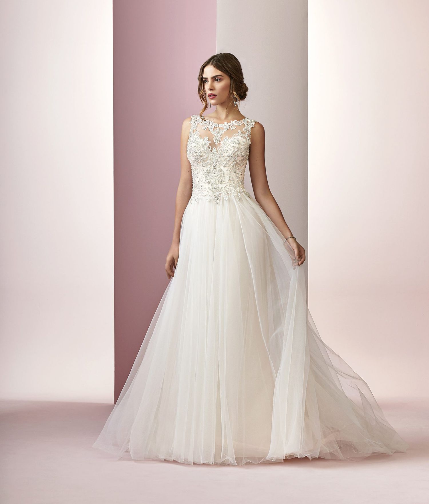 Rebecca Ingram wedding dress spring 2019 high neckline a-line with tulle skirt