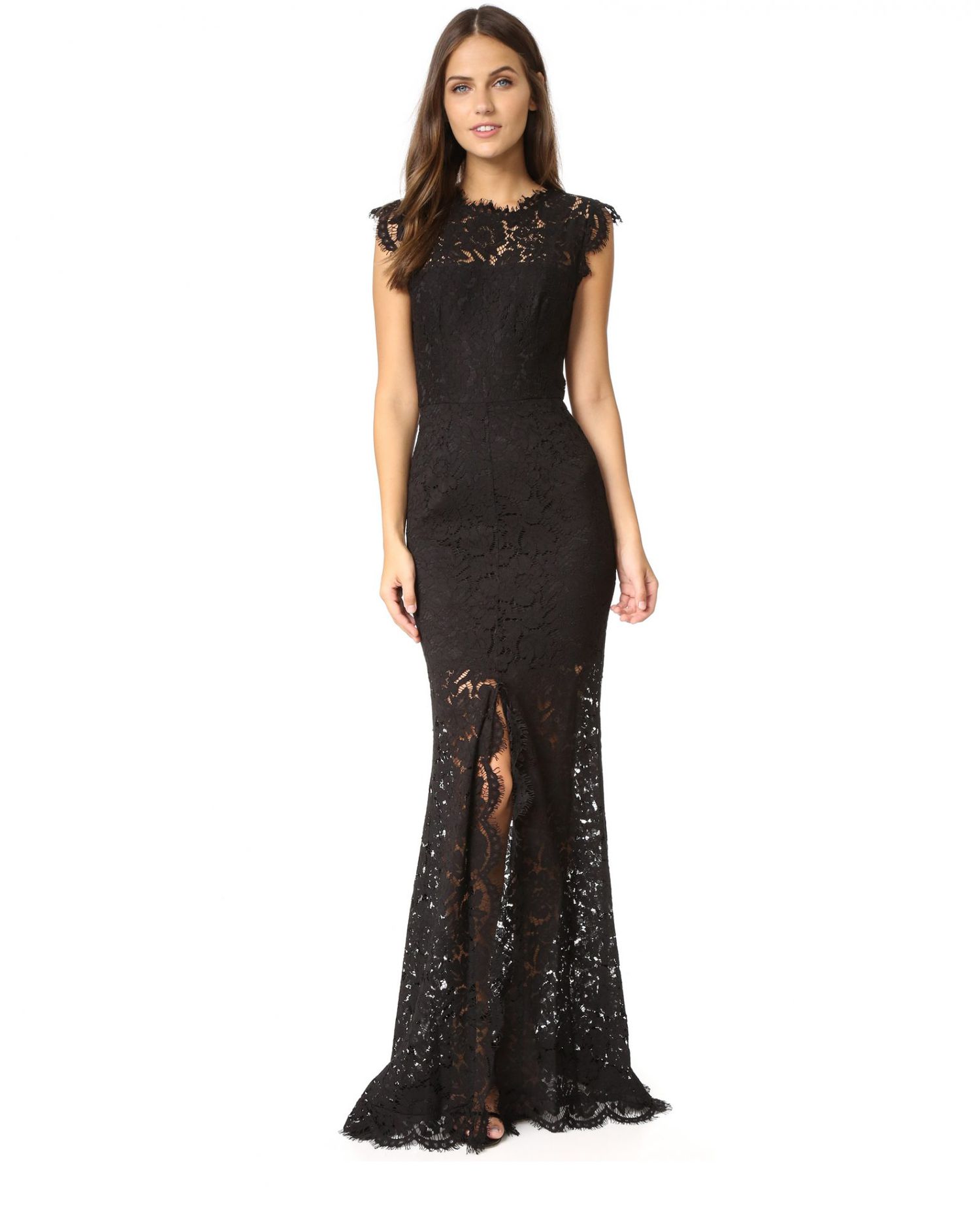 black lace cap sleeve gown