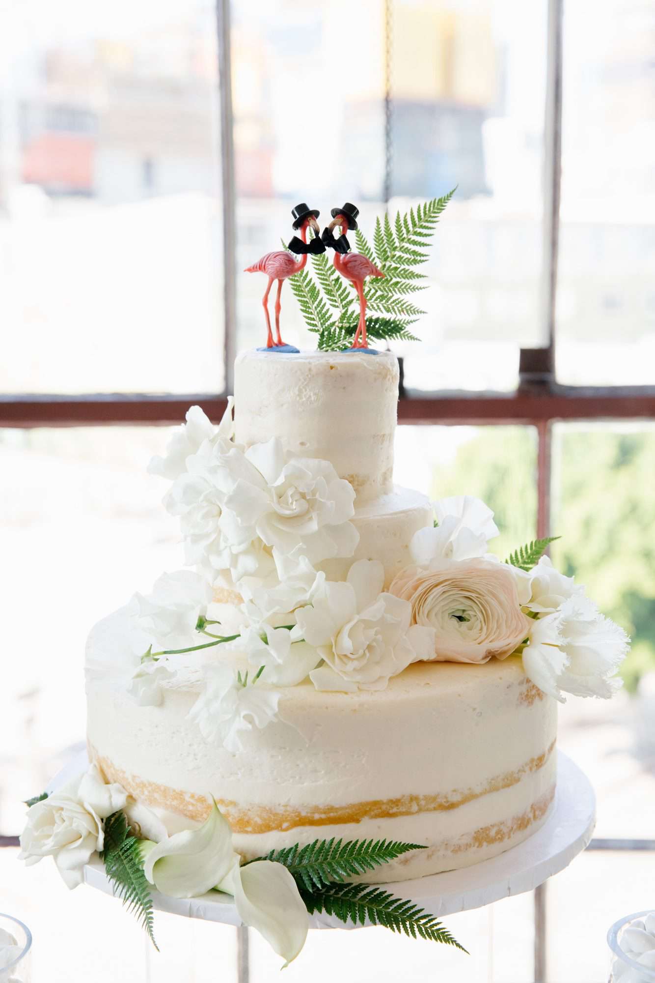 Semi Naked Wedding Cake with Same-Sex Flamingo Topper