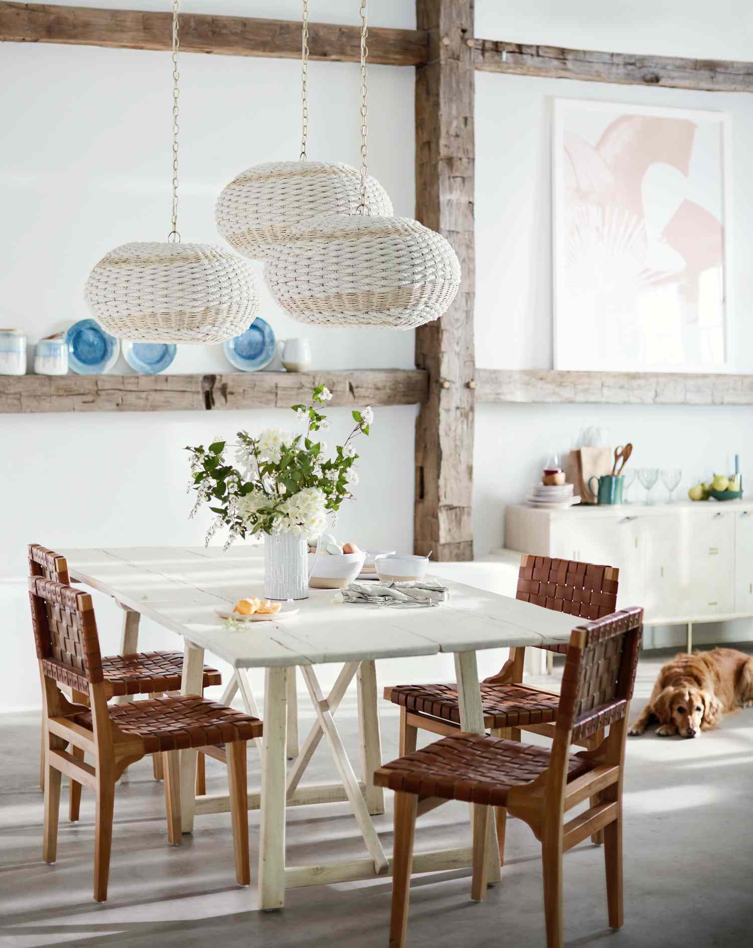 farmhouse dining table with leather chairs