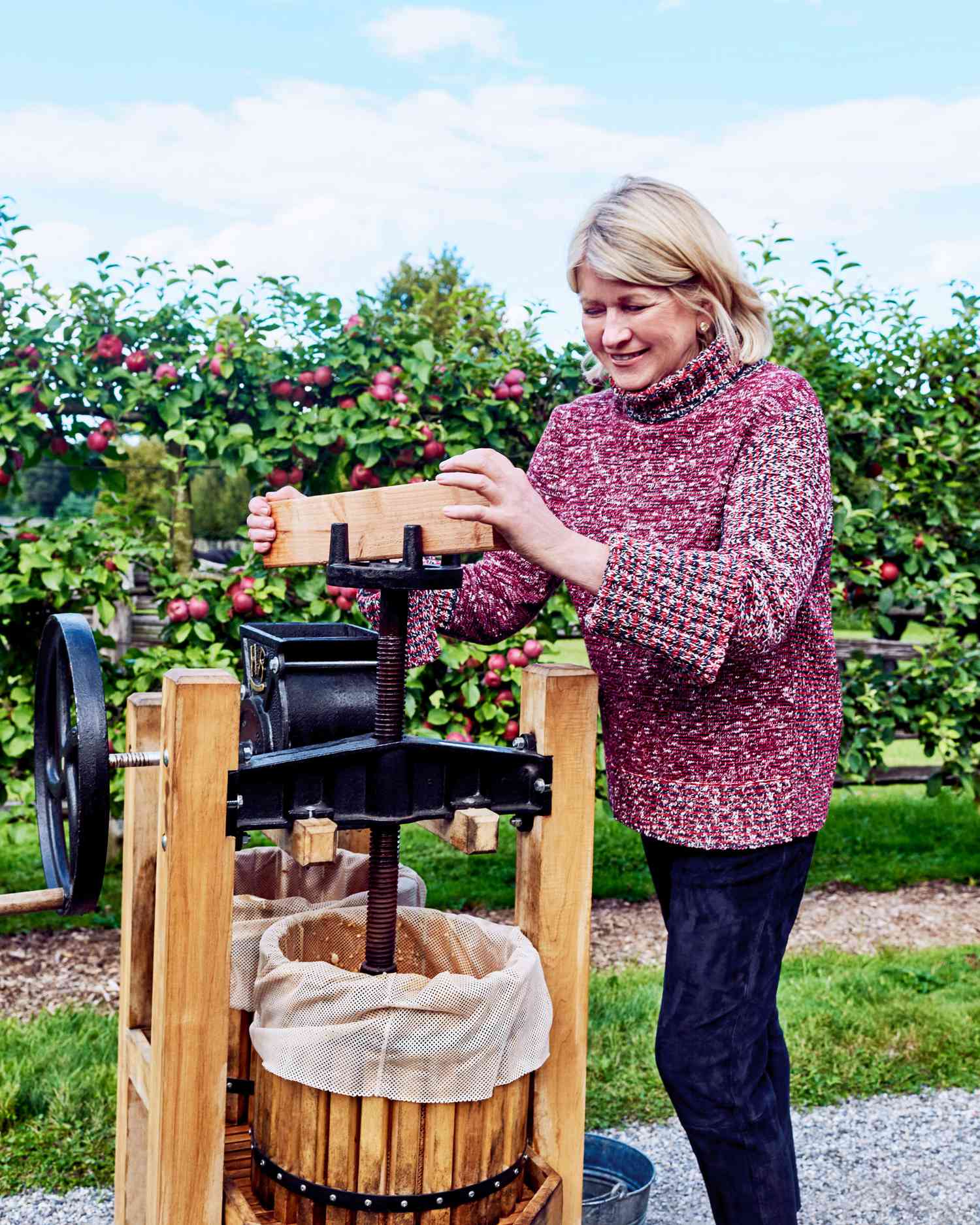 Martha Sewart pressing apples into a barrel for apple cider