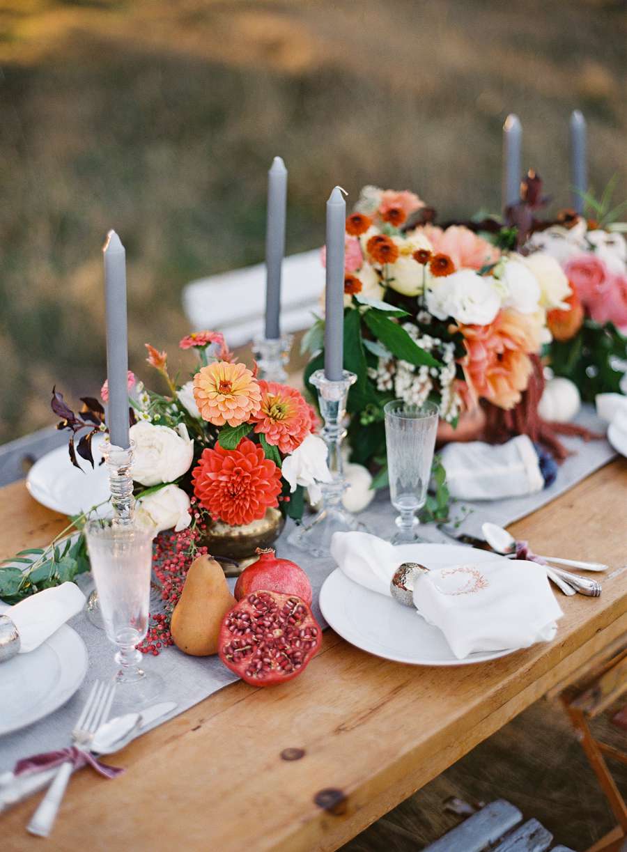 Fall Tablescape with Dahlia and Zinnia Centerpieces and Fresh Fruit on Table