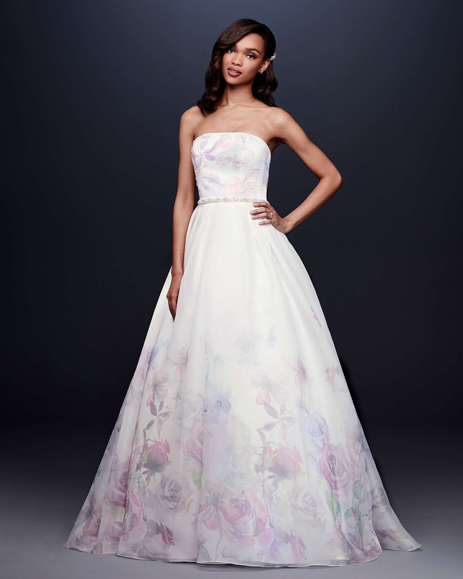 davids bridal wedding dress fall 2019 strapless a-line with pastel flowers