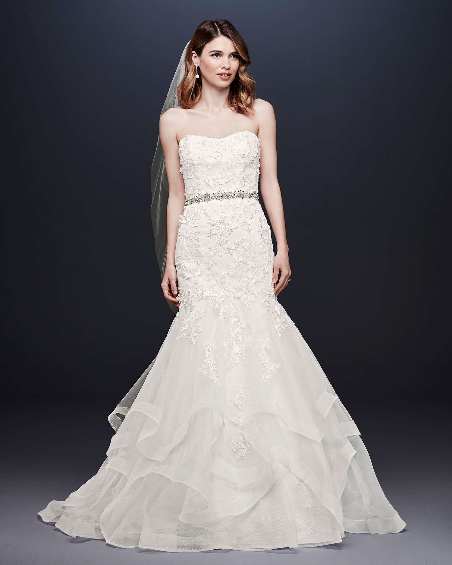 davids bridal wedding dress fall 2019 embroidered trumpet with tiered skirt