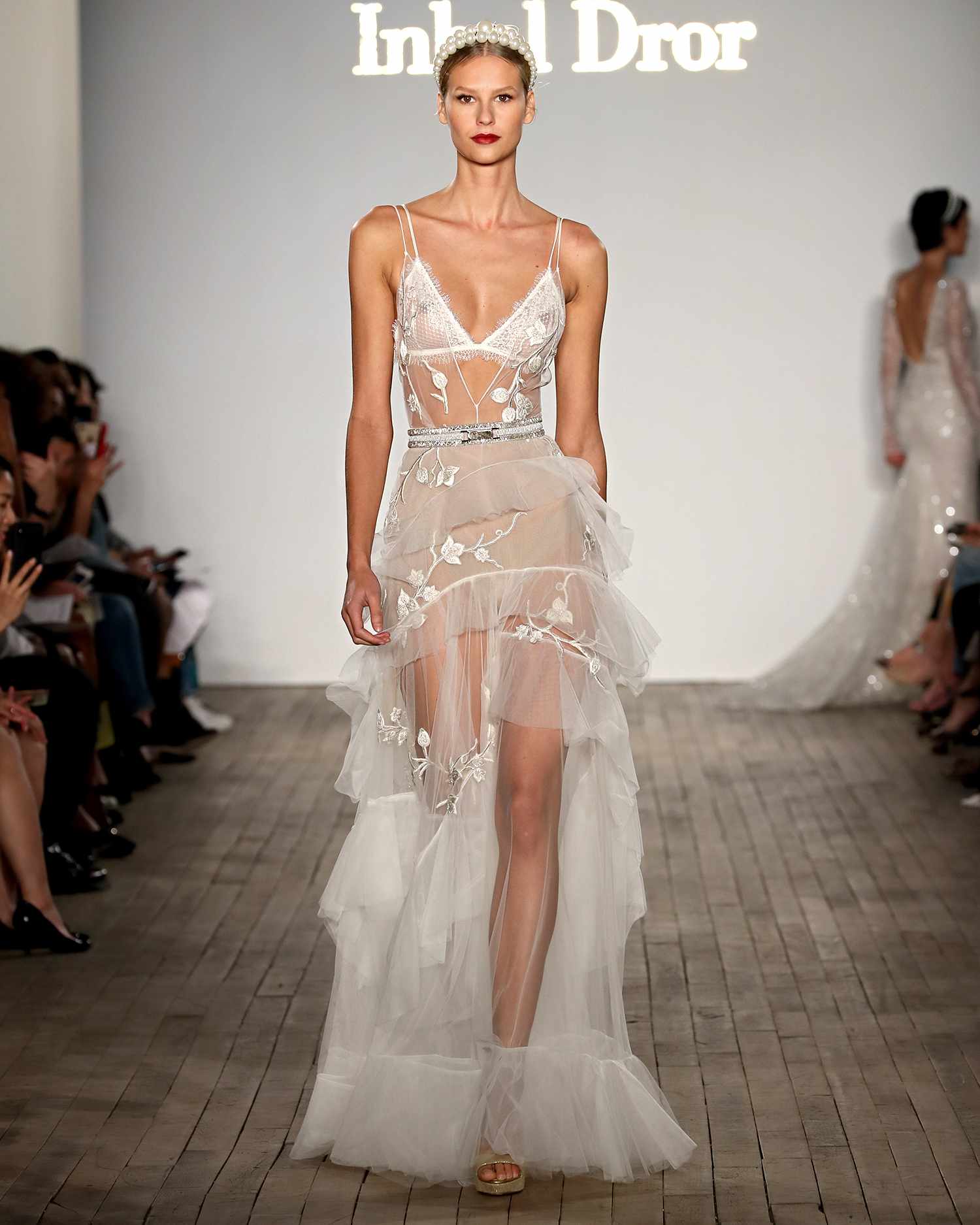inbal dror wedding dress sheer spaghetti strap with tiered skirt