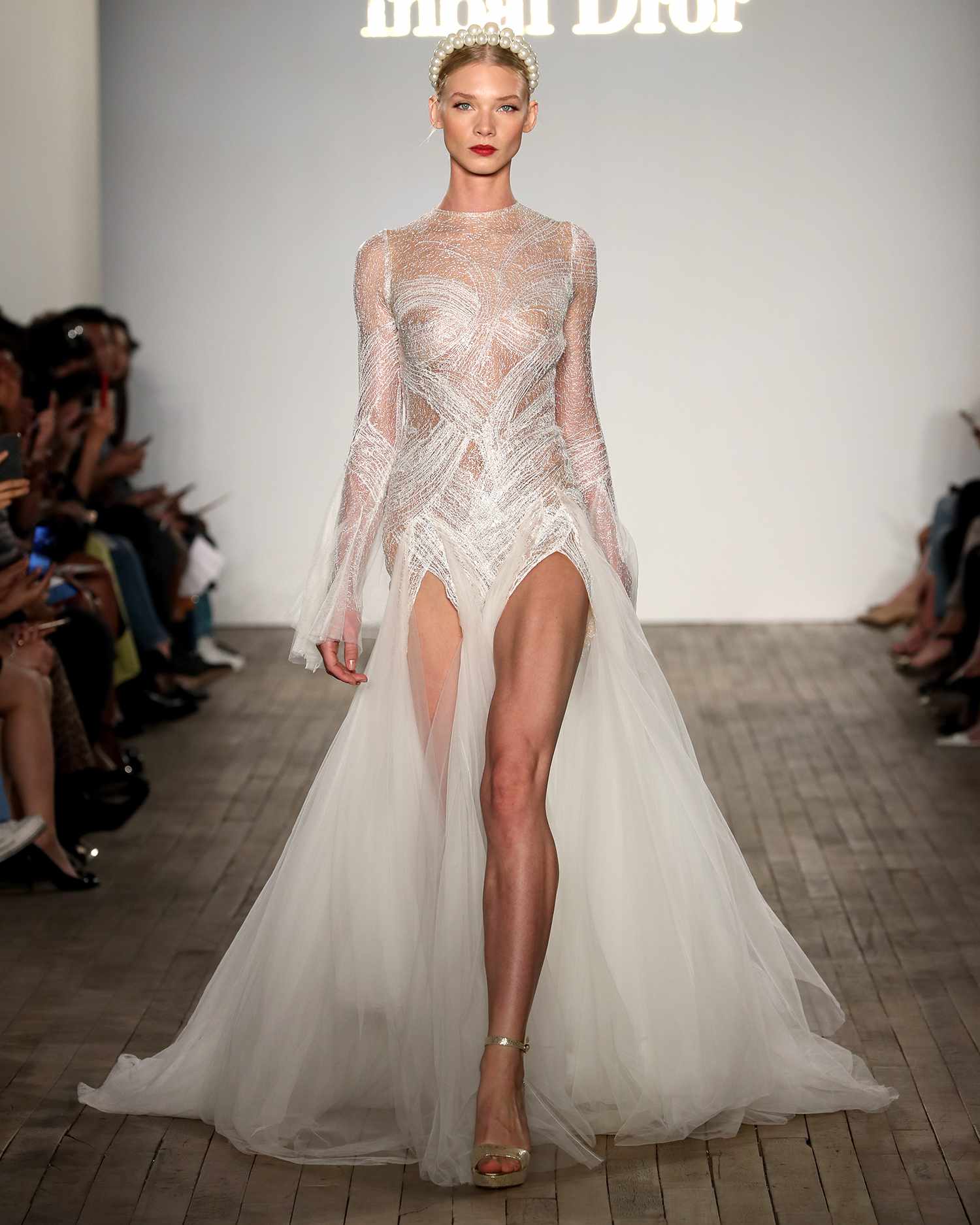 inbal dror wedding dress high-neck with tulle skirt overlay