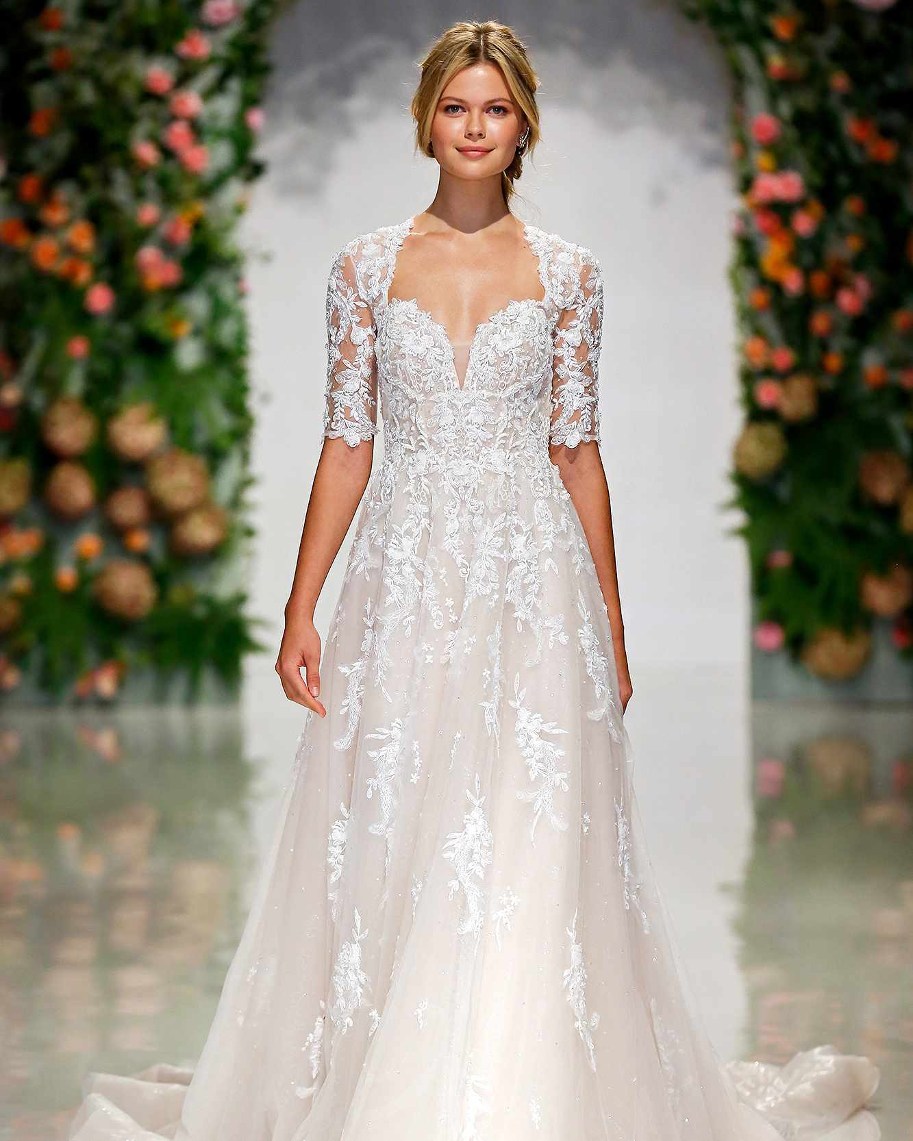 morilee madeline gardner wedding dress lace short-sleeve overlay