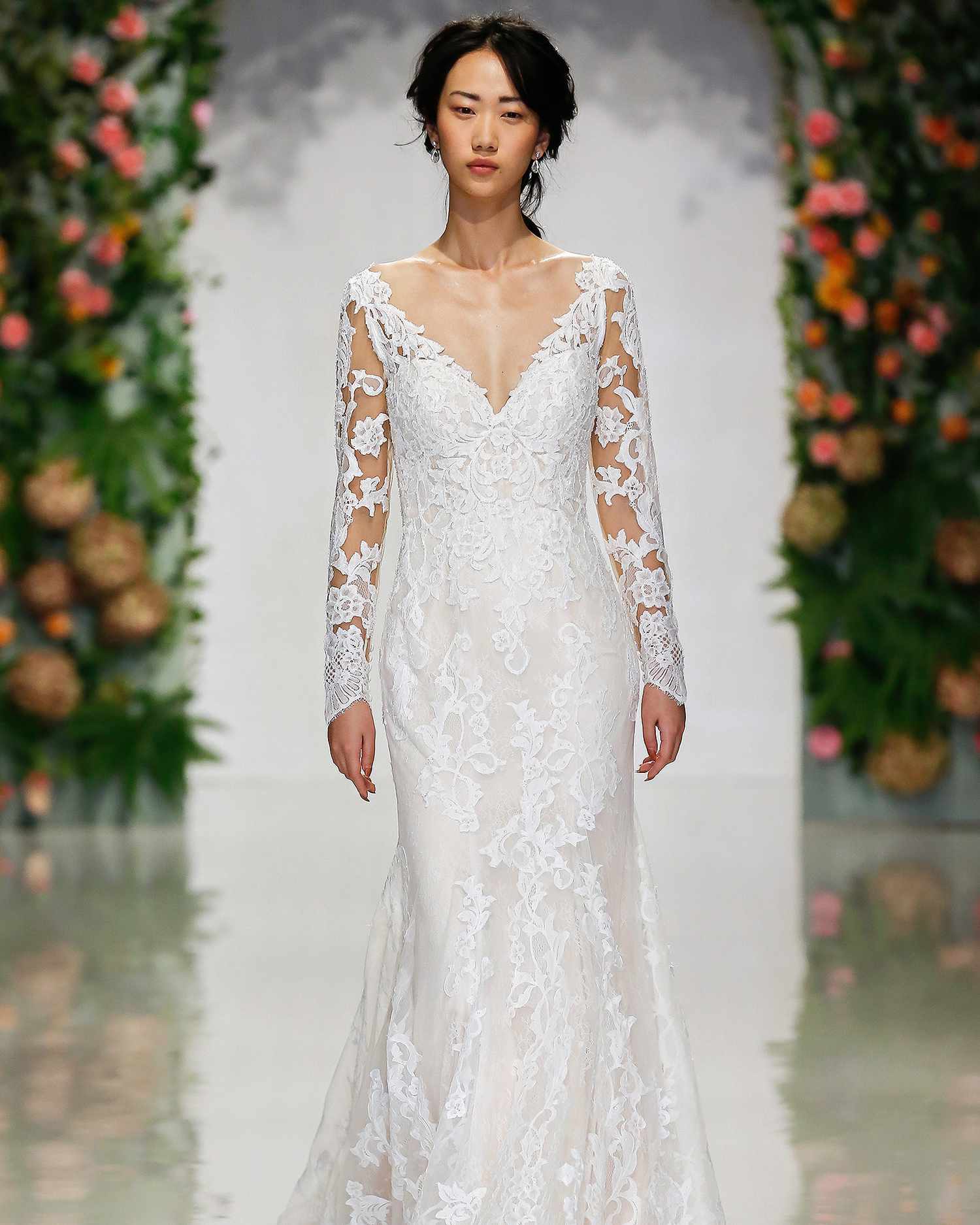 morilee madeline gardner wedding dress long-sleeved v-neck with lace overlay