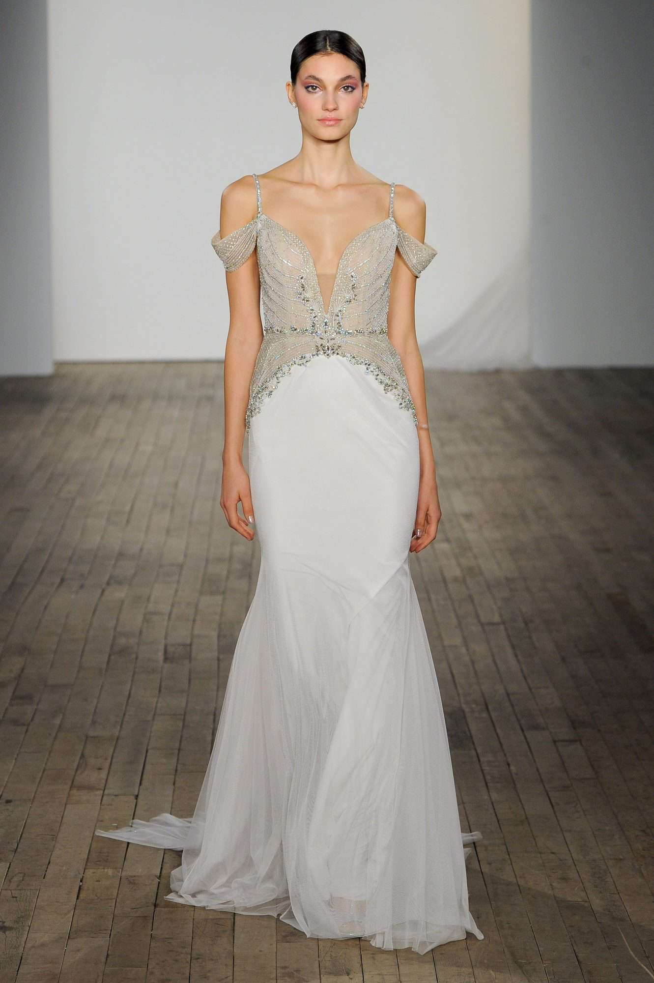 haley paige fall 2019 off the shoulder trumpet beaded wedding dress