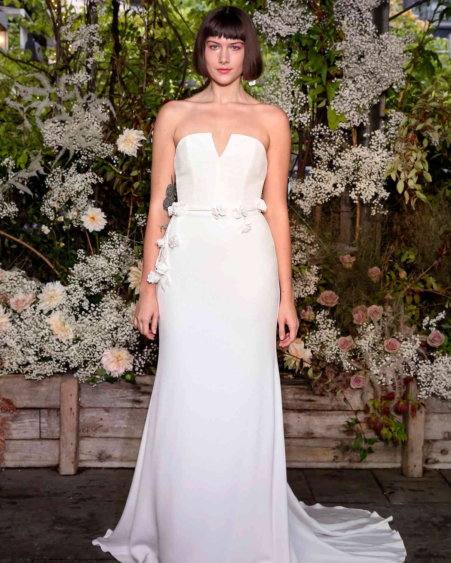 alexandra grecco wedding dress notched neckline with floral belt