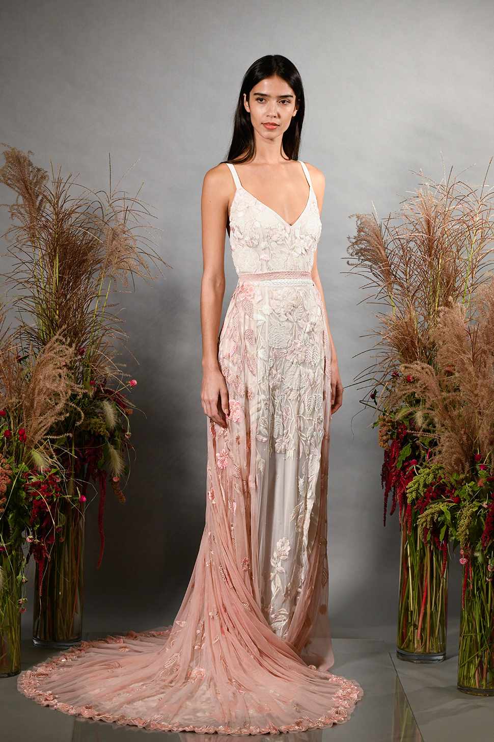 hermione de paula fall 2019 v-neck sleeveless sheath with pink floral overskirt