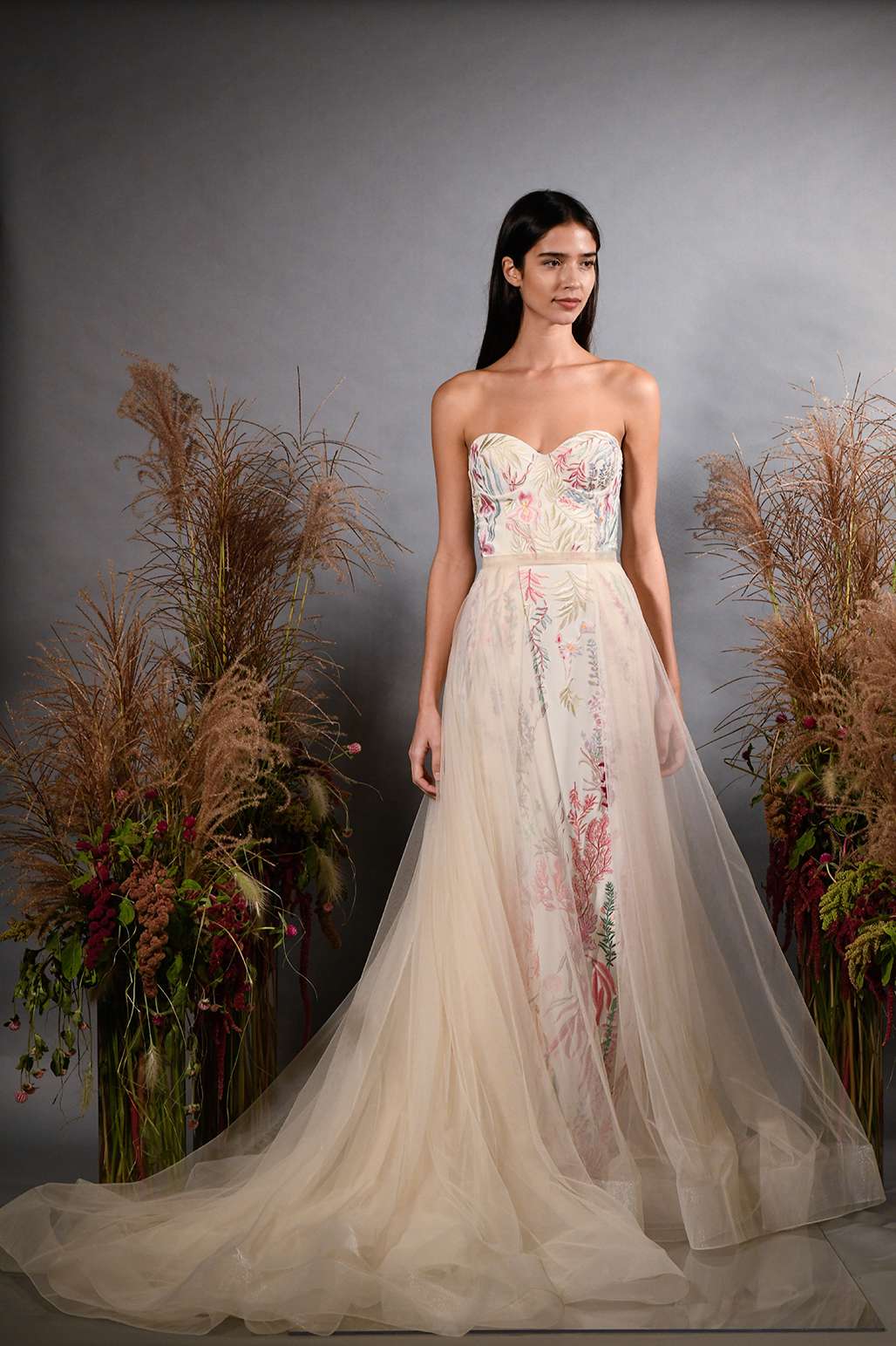 hermione de paula fall 2019 strapless sweetheart sheath with multi-colored floral embroidery and pink overskirt