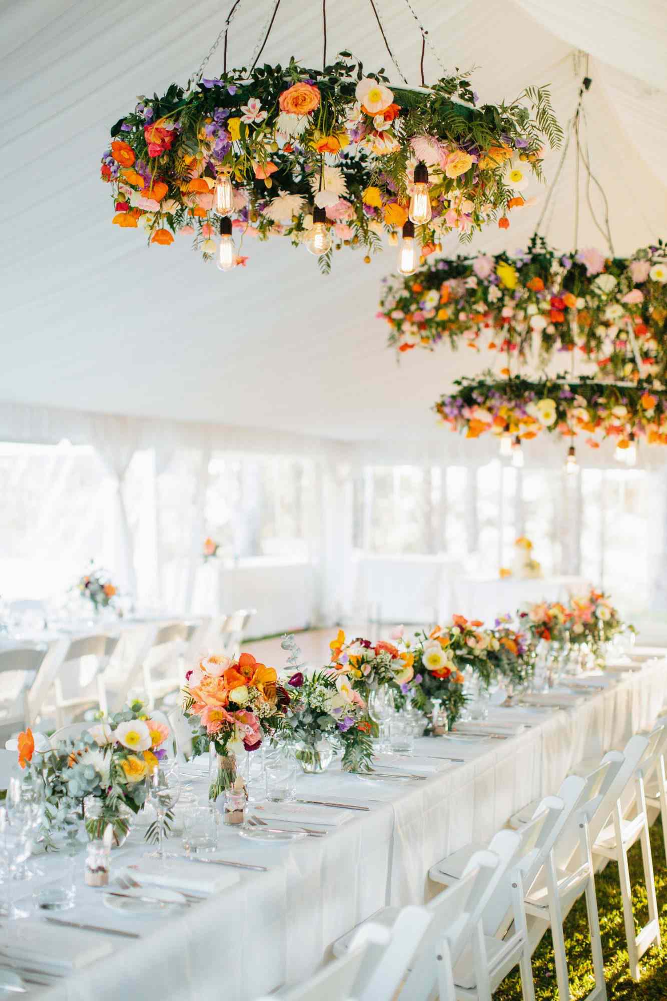 wedding chandelier hoops with bright flowers and light bulbs