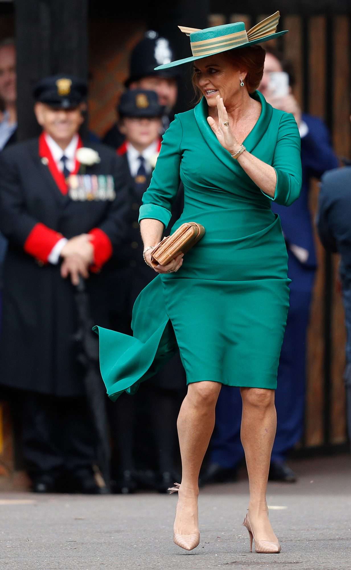 sarah ferguson the duchess of york arrives at the wedding of her daughter, princess eugenie