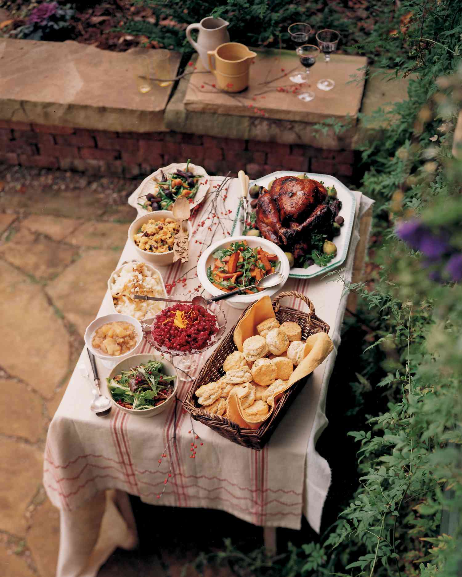 outdoor table with thanksgiving food on display