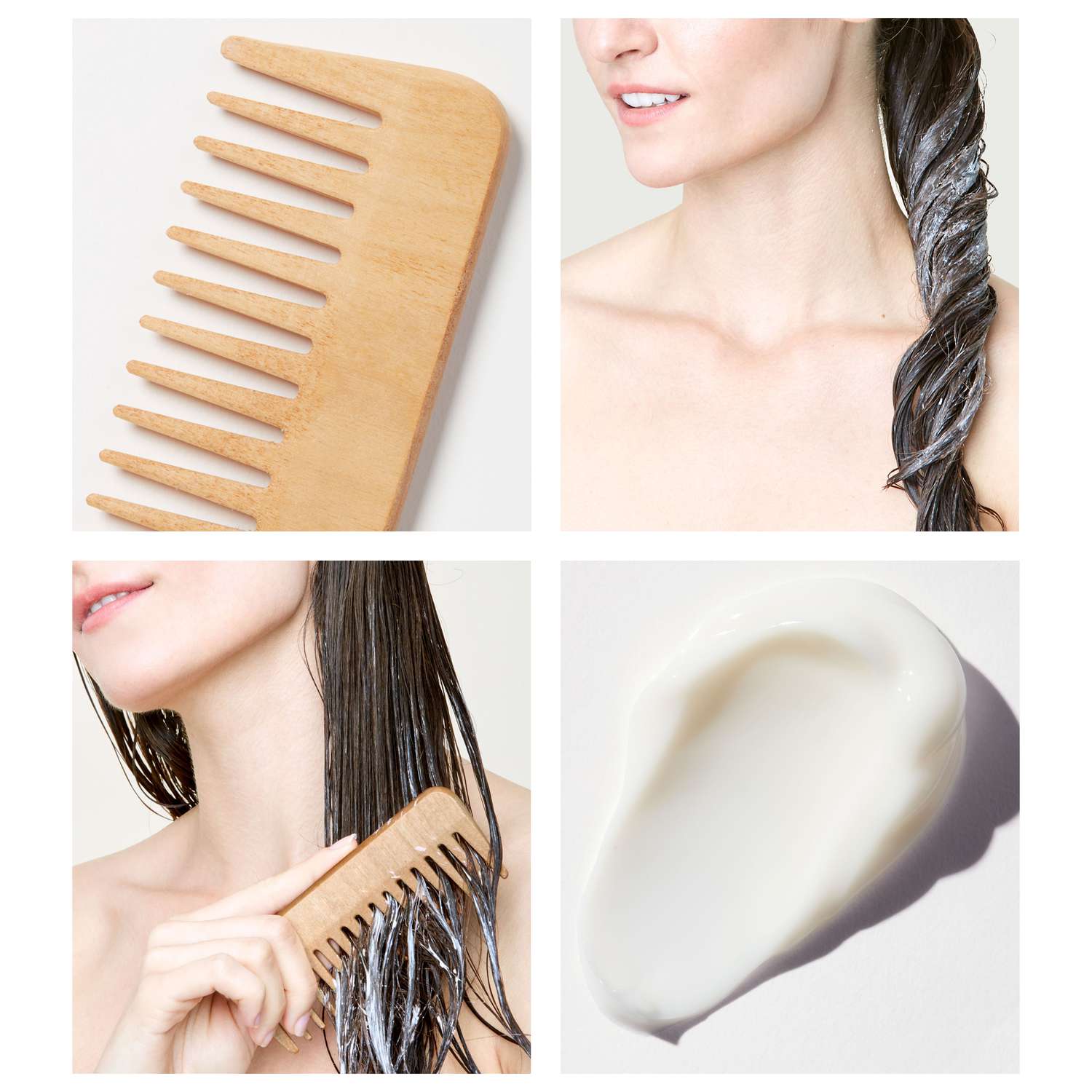 woman conditioning and combing hair collage
