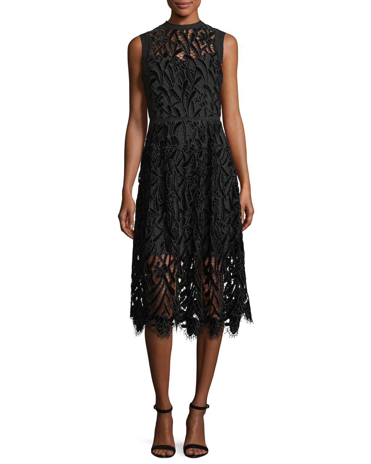 black lace shoshanna dress with midi hemline