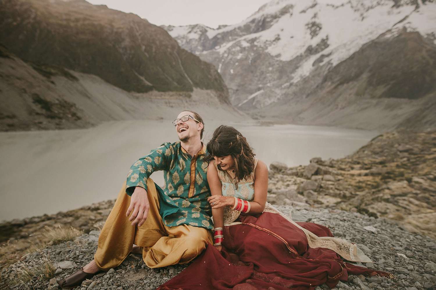 elopement outfit inspiration couple in punjabi outfits atop mountain