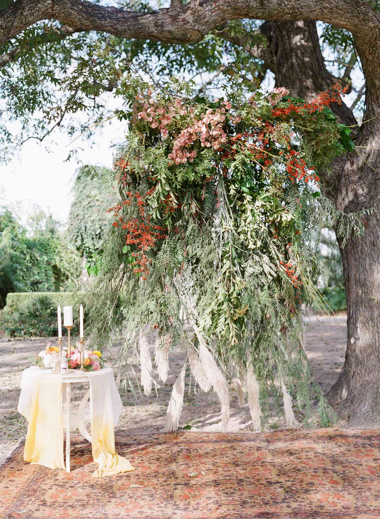 hayleigh corey wedding ceremony tree backdrop and table