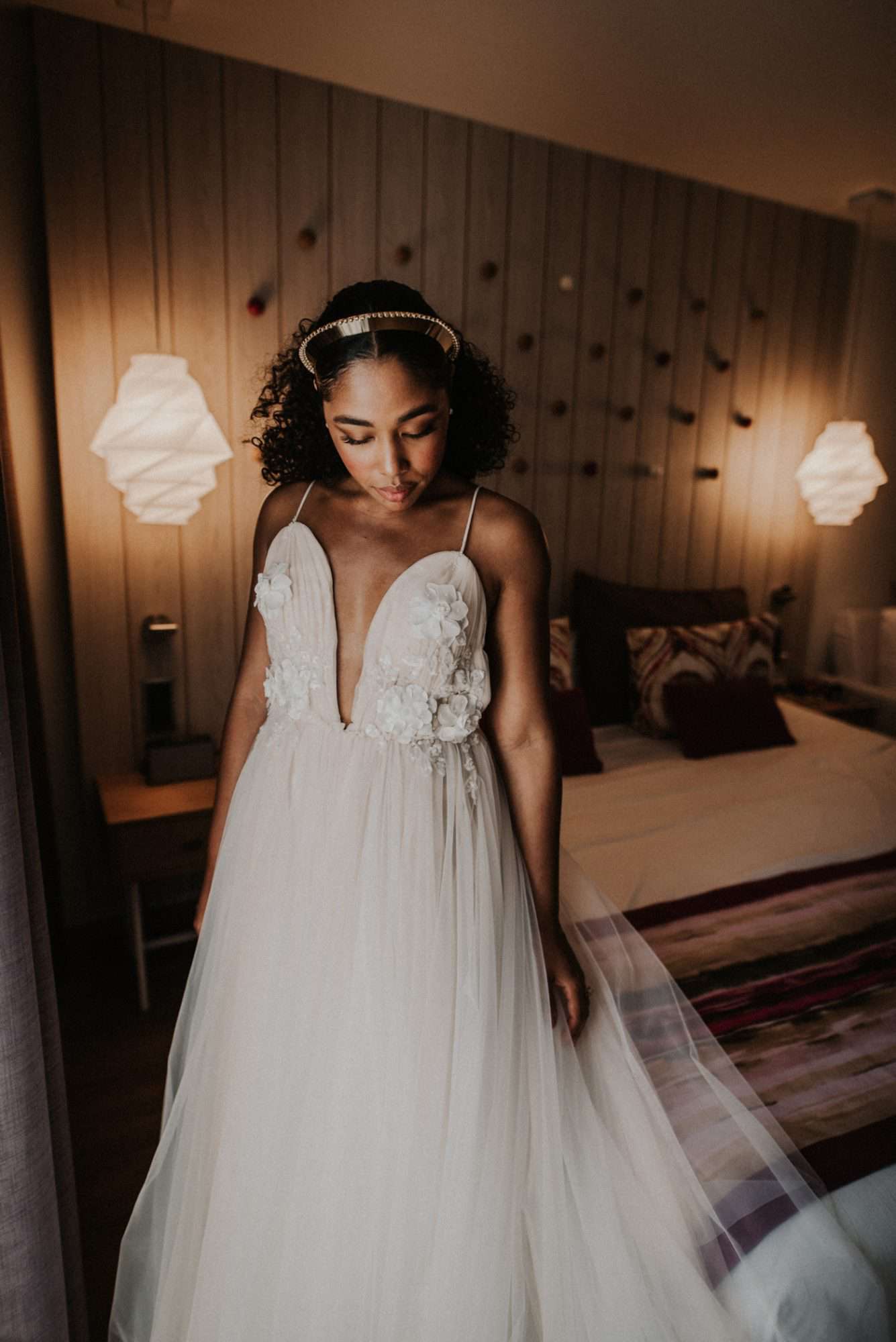 bride wearing custom champagne and ivory tulle gown