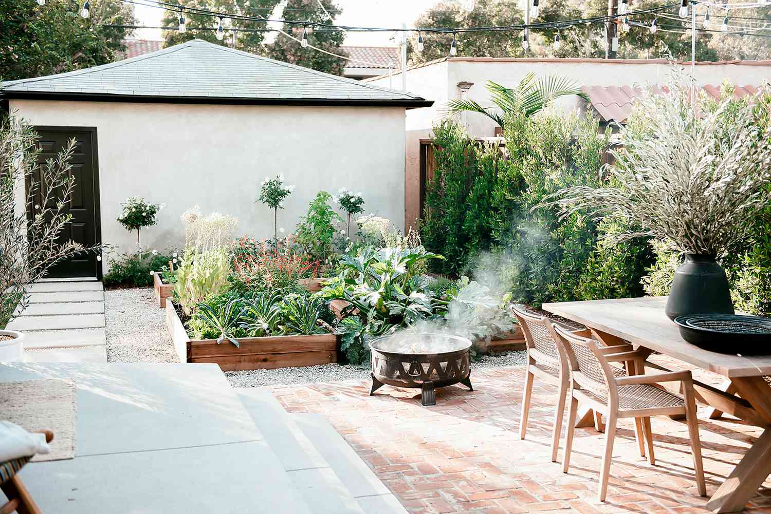 california backyard firepit and table
