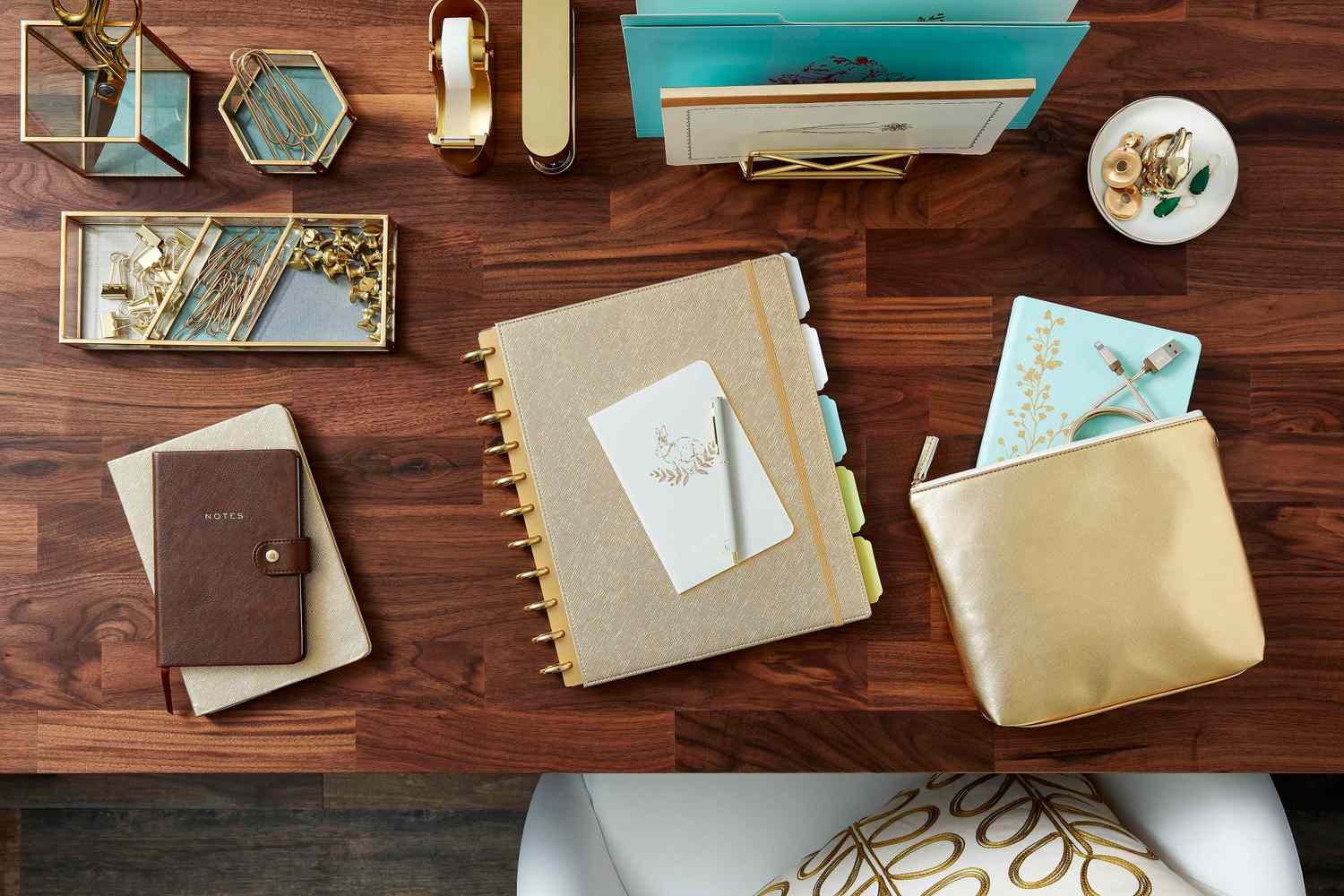 staples gold workspace desk organization merch gold faux leather notebook