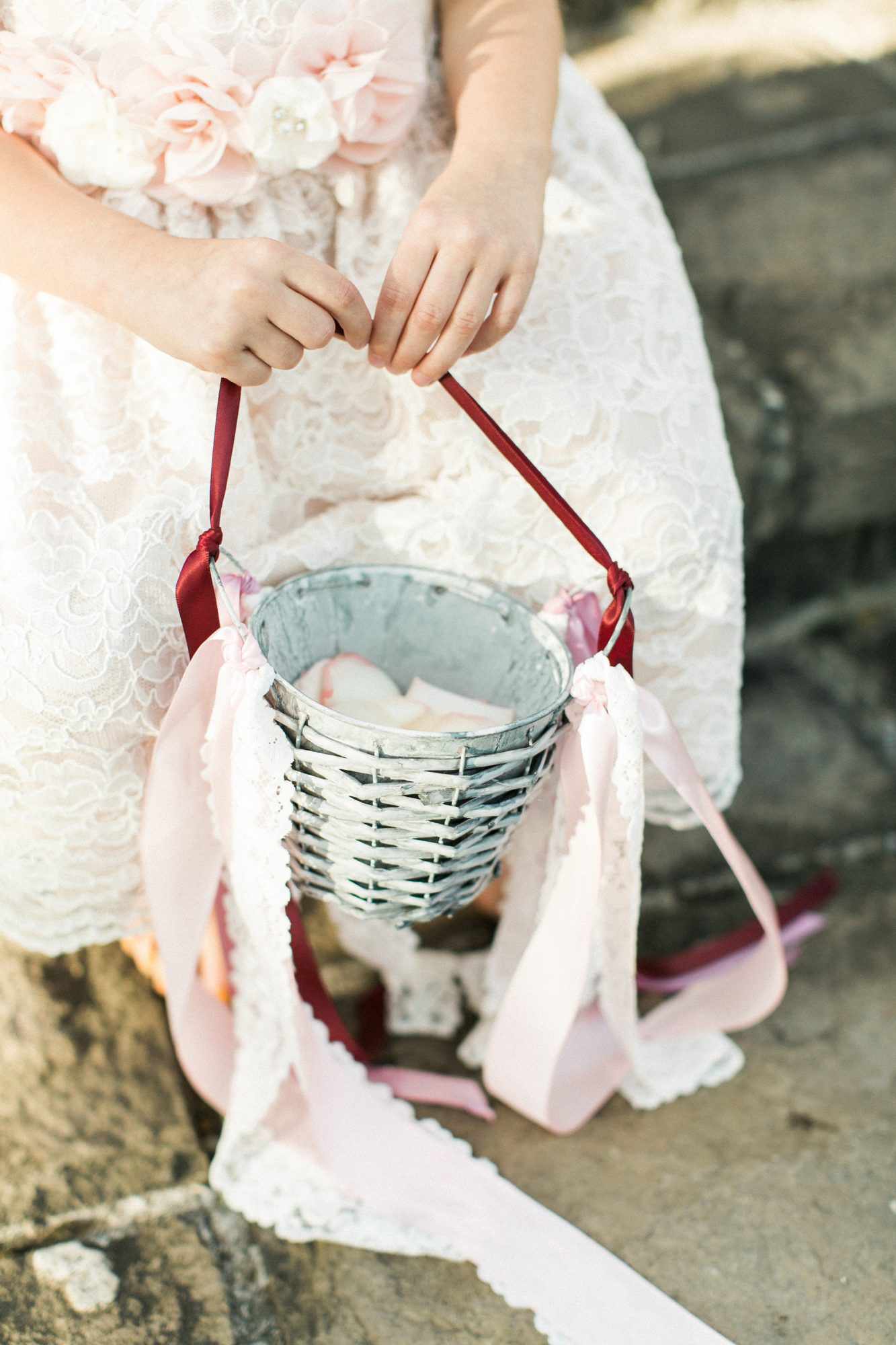metal and wicker bucket with ribbons