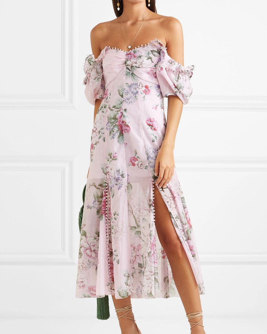 off the shoulder puffed sleeve baby pink floral midi dress