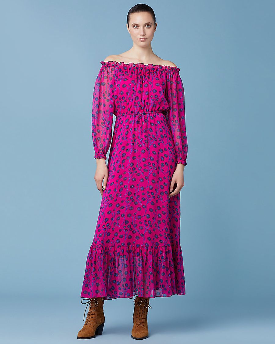 long magenta off-the-shoulder chiffon sleeve with black and indigo floral print