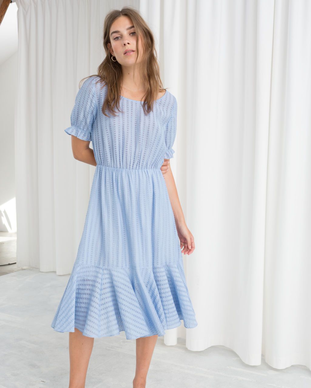 baby blue striped midi dress with puffed sleeves