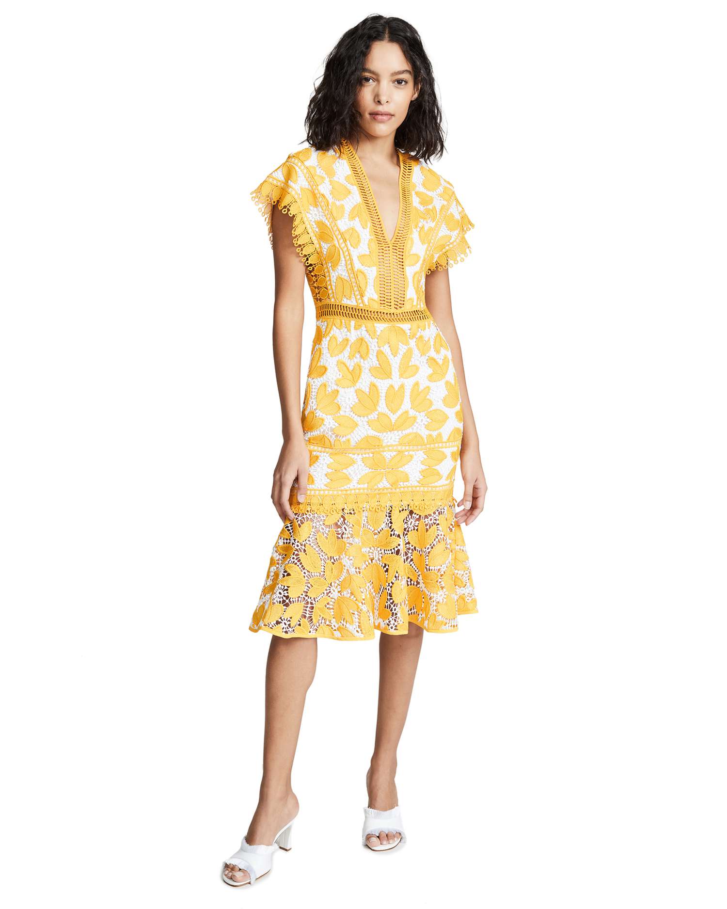 mustard Embroidered detail midi dress with white lining