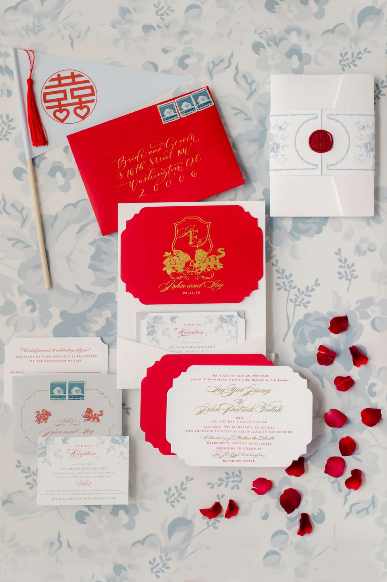red and white stationary with gold writing