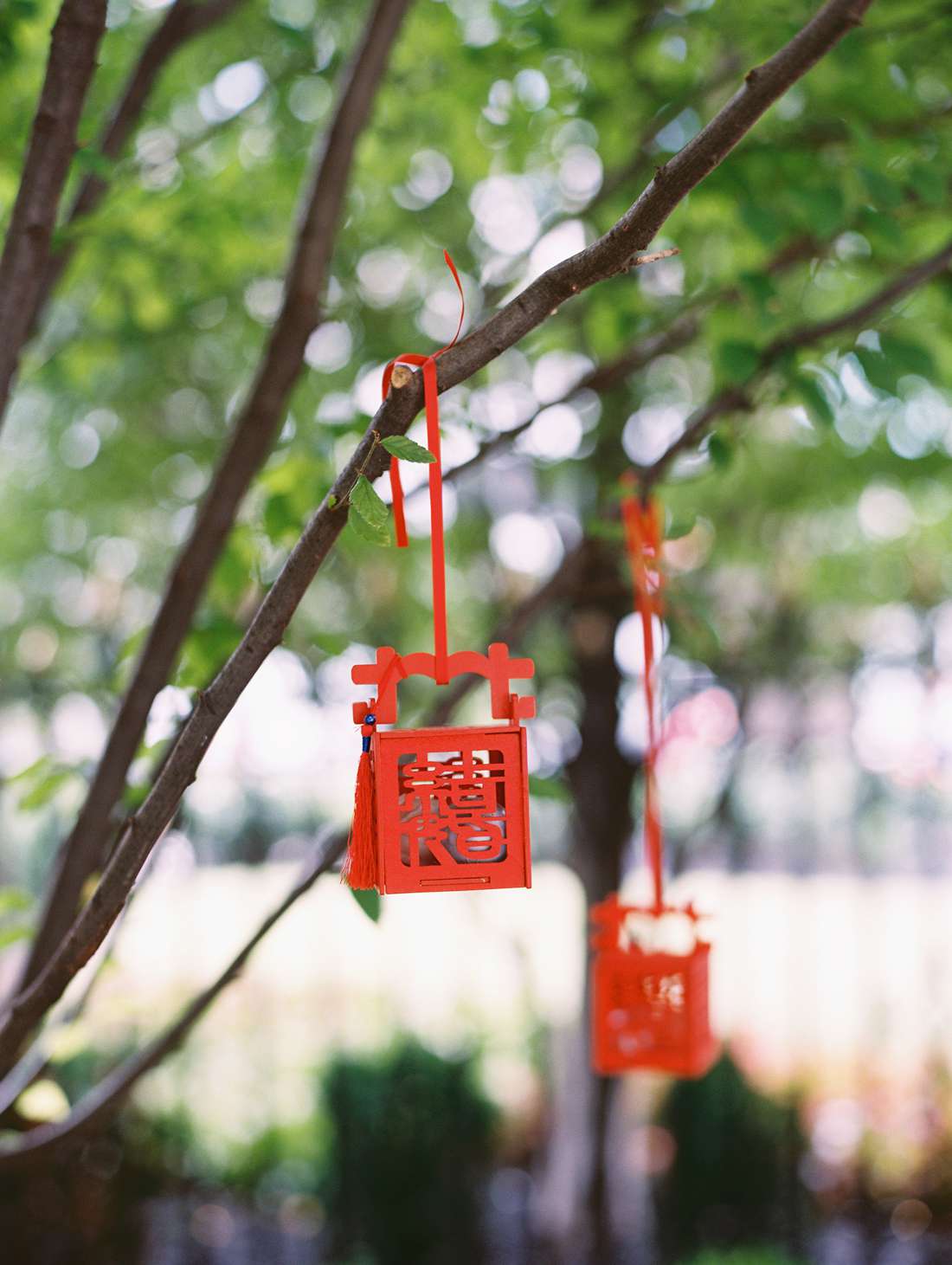 hanging red wooden lanterns