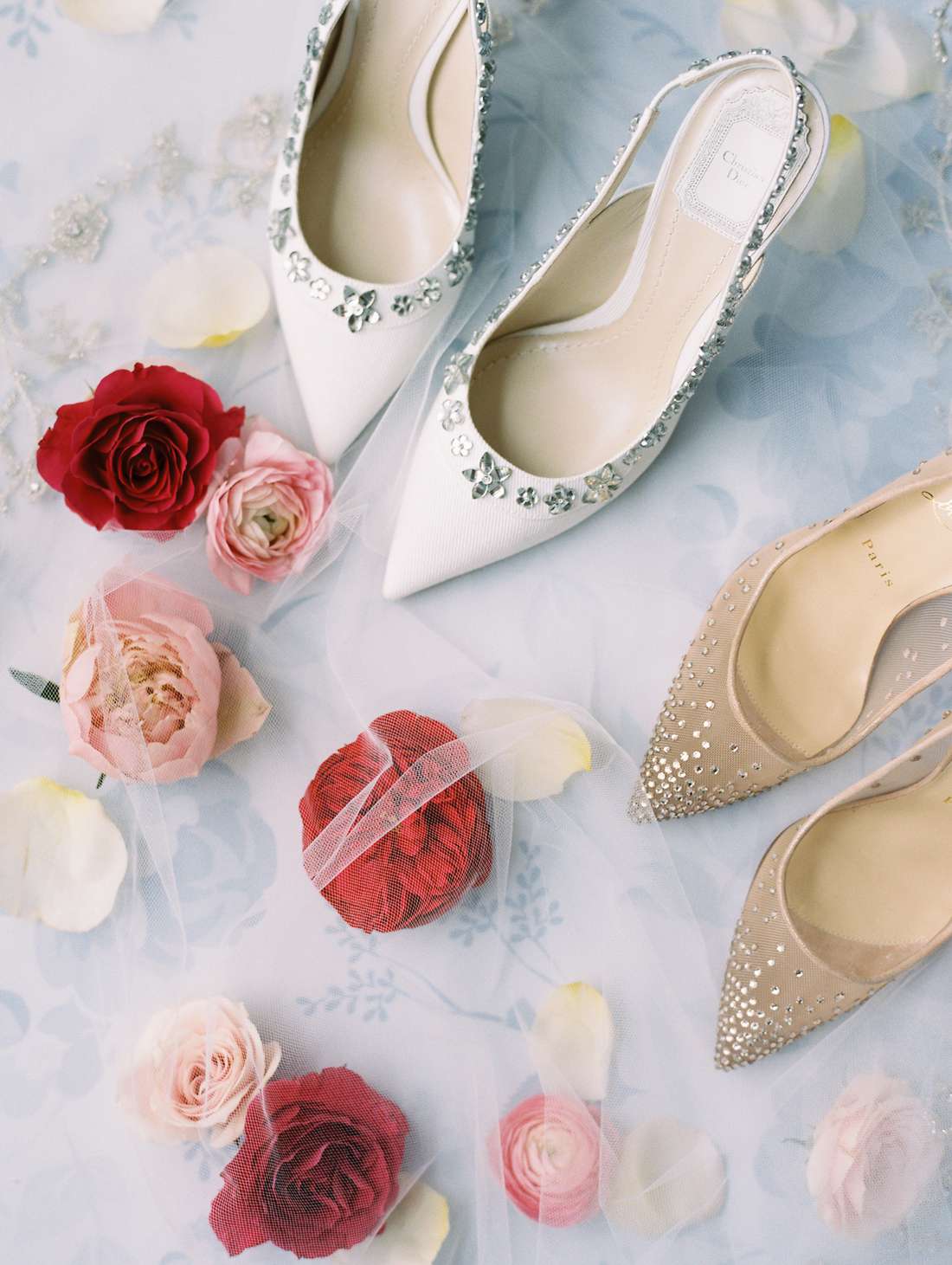 two pairs of wedding heels with crystal detail
