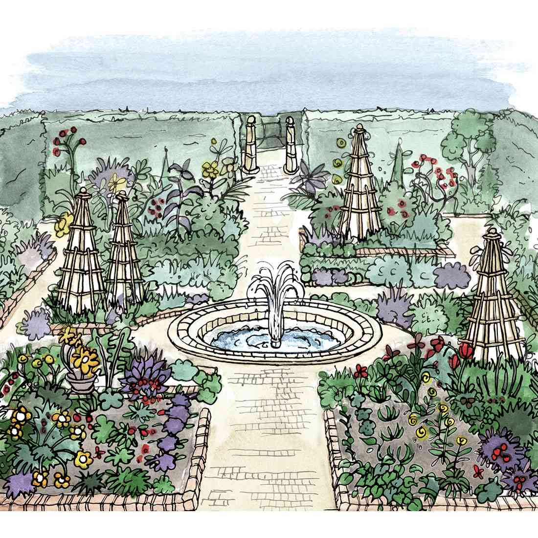 illustration of a potager with a fountain