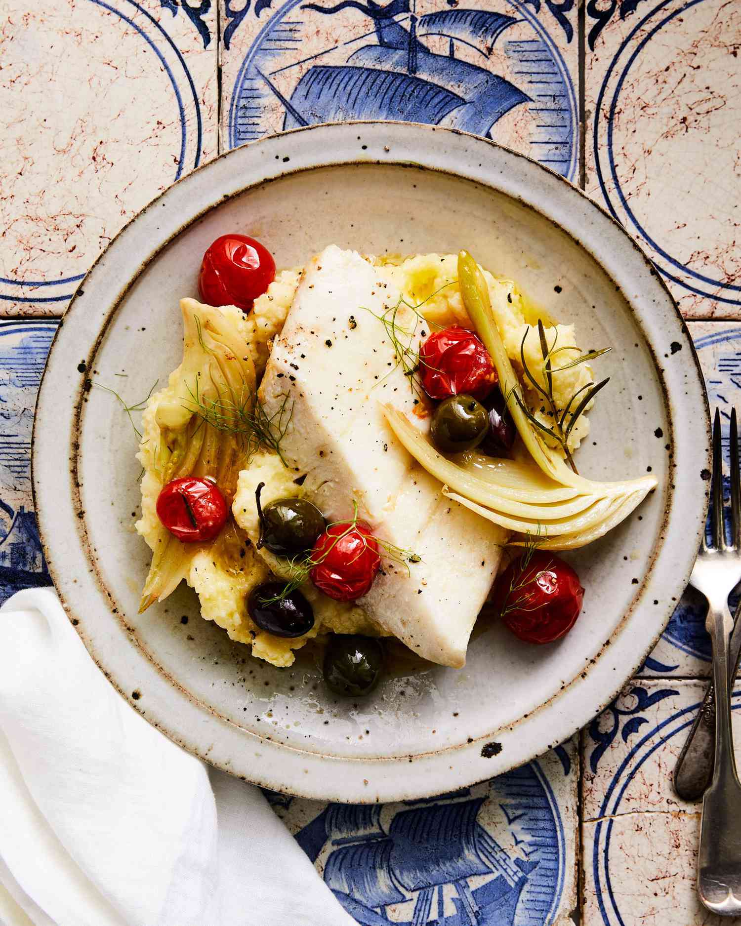 Oil-Poached Halibut with Fennel, Tomatoes, and Olives with mashed potatoes