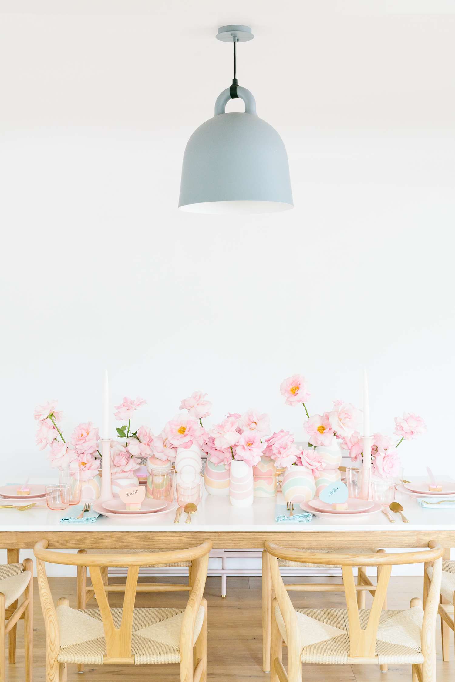 easter table decorations with blue overhead light