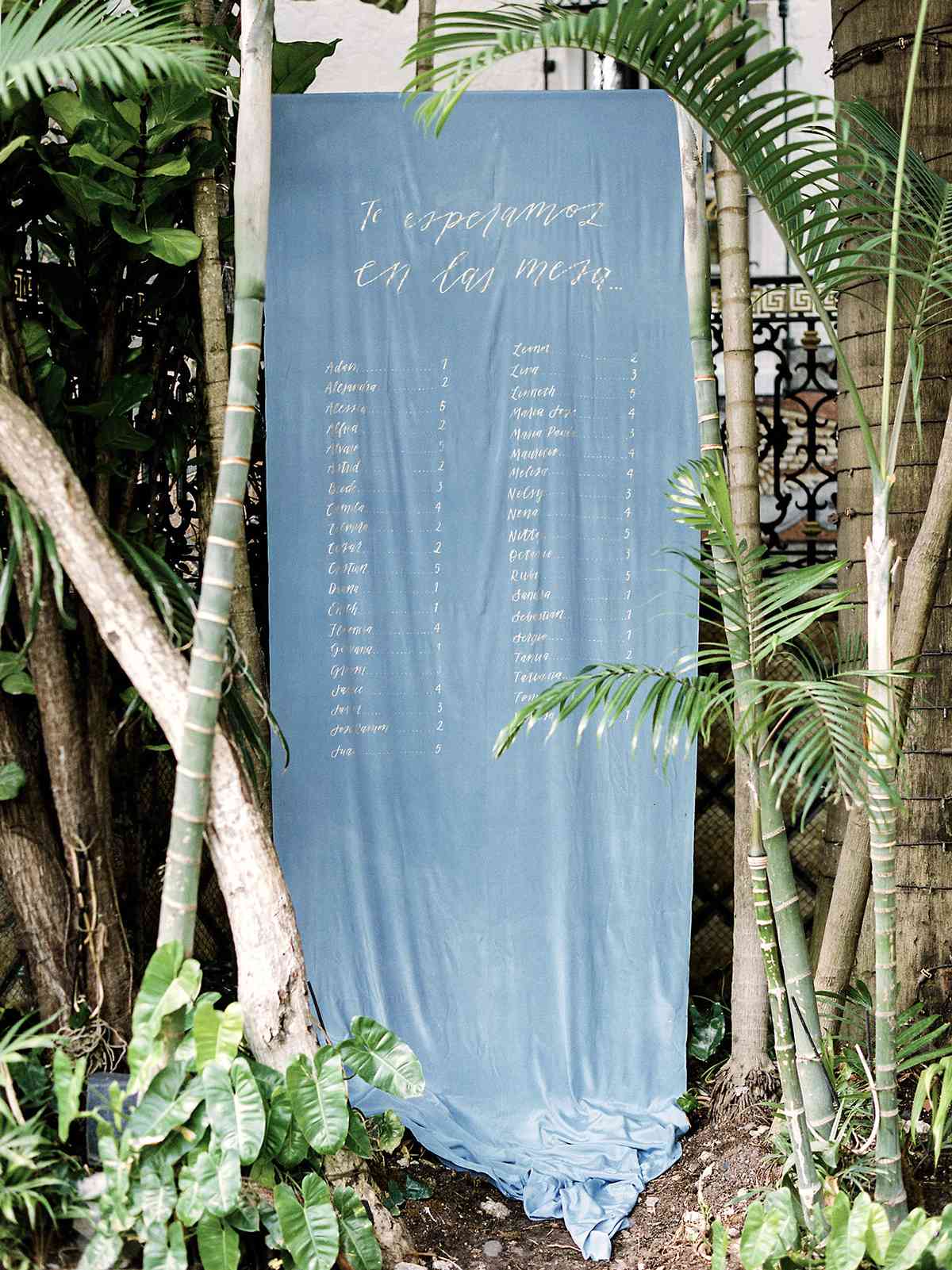 wedding seating chart on blue silk fabric