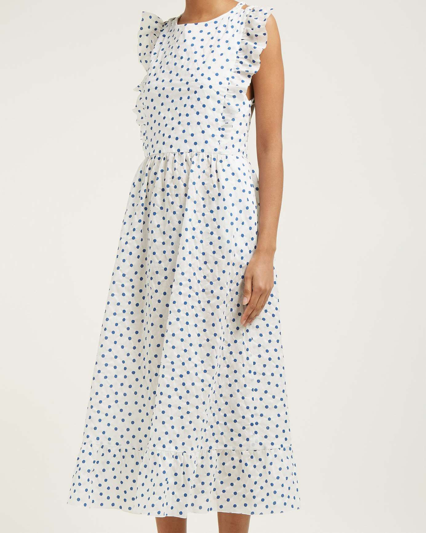 blue polka dot cotton midi dress